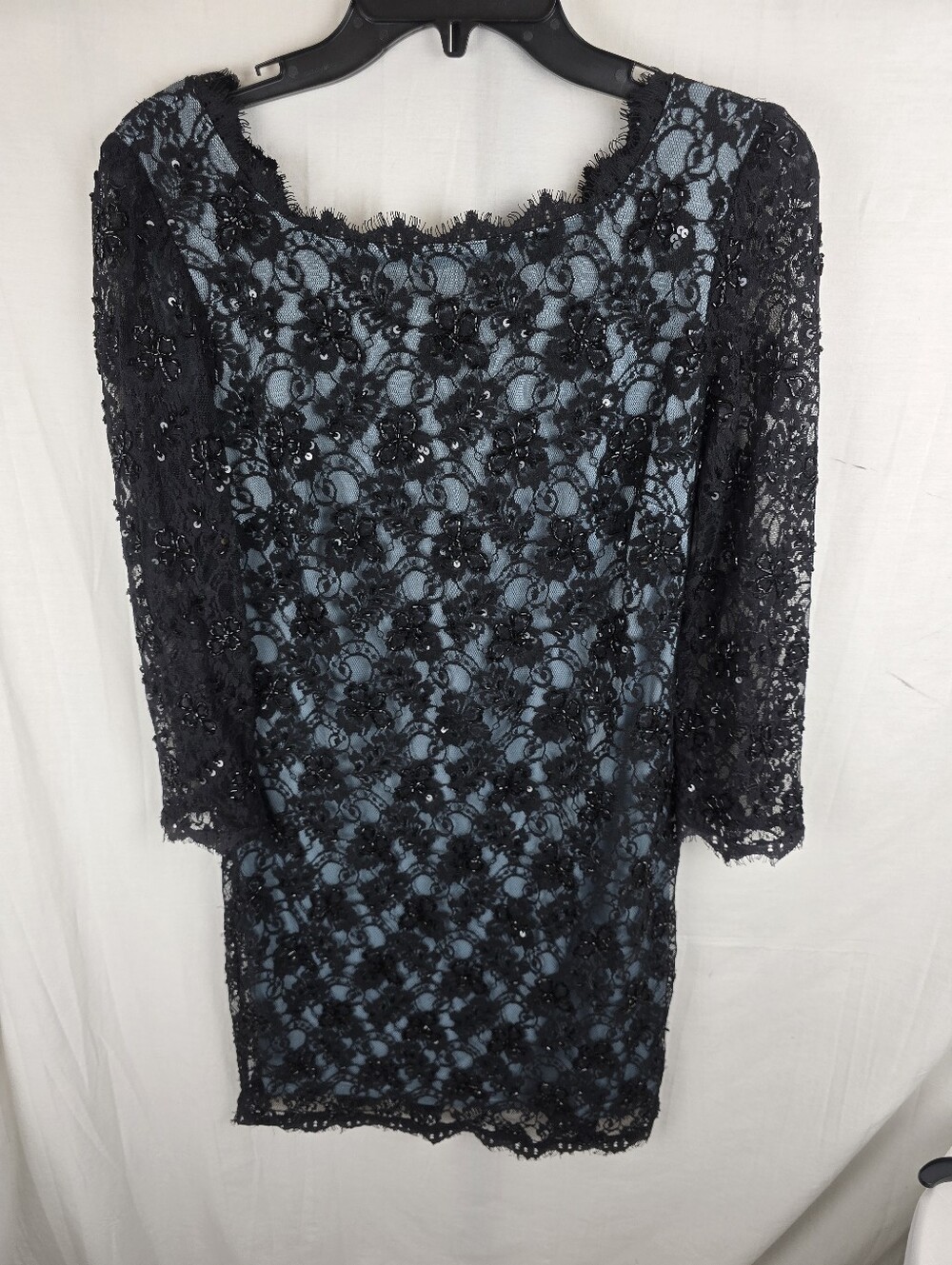 Adrianna Pappell Evening Black Lace Overlay Sequinced Dress w/Blue Lining Sz 8